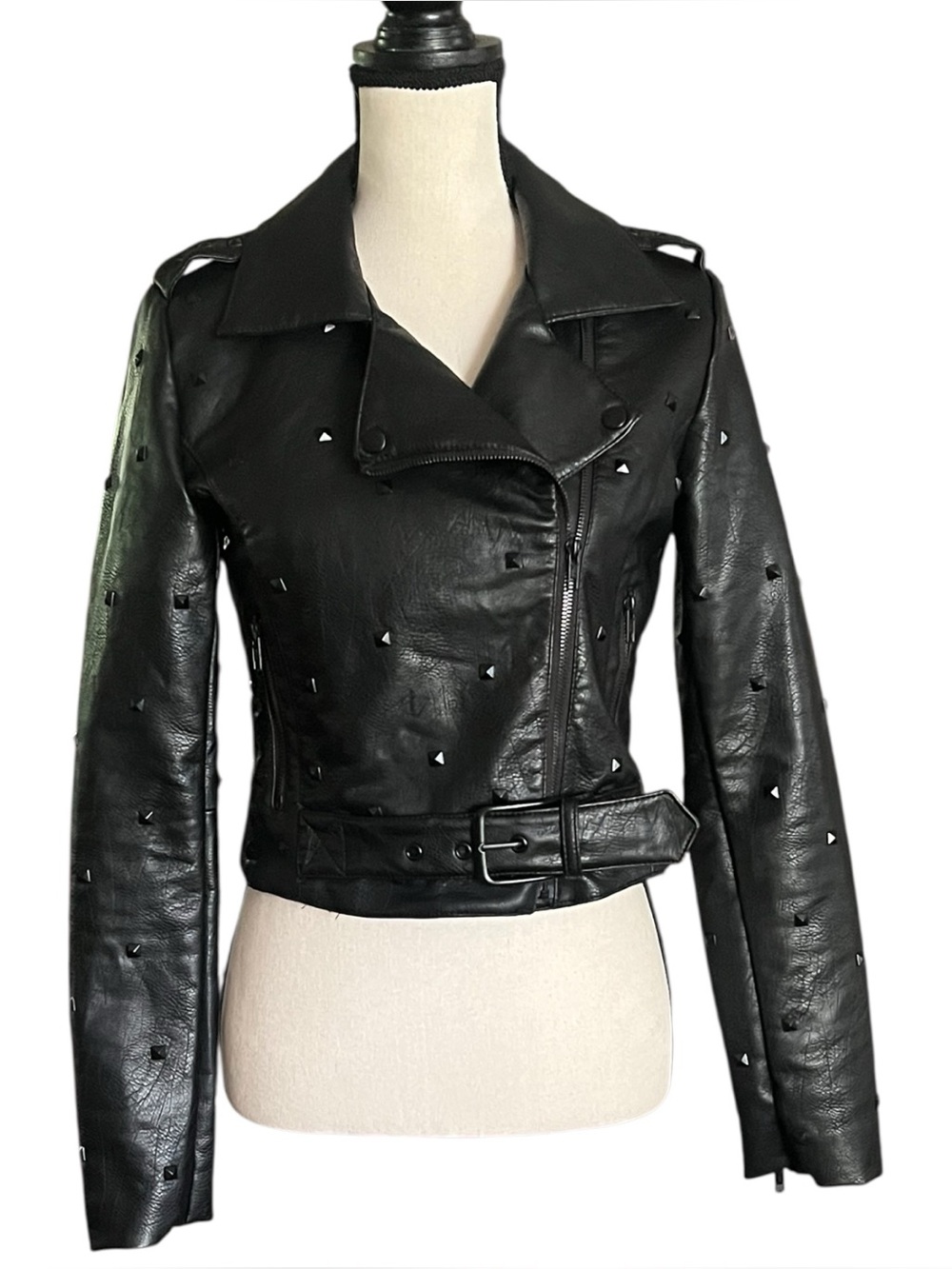 Romeo Juliet Couture Motto Biker  Faux Leather Belted Stud Jacket. SZ M